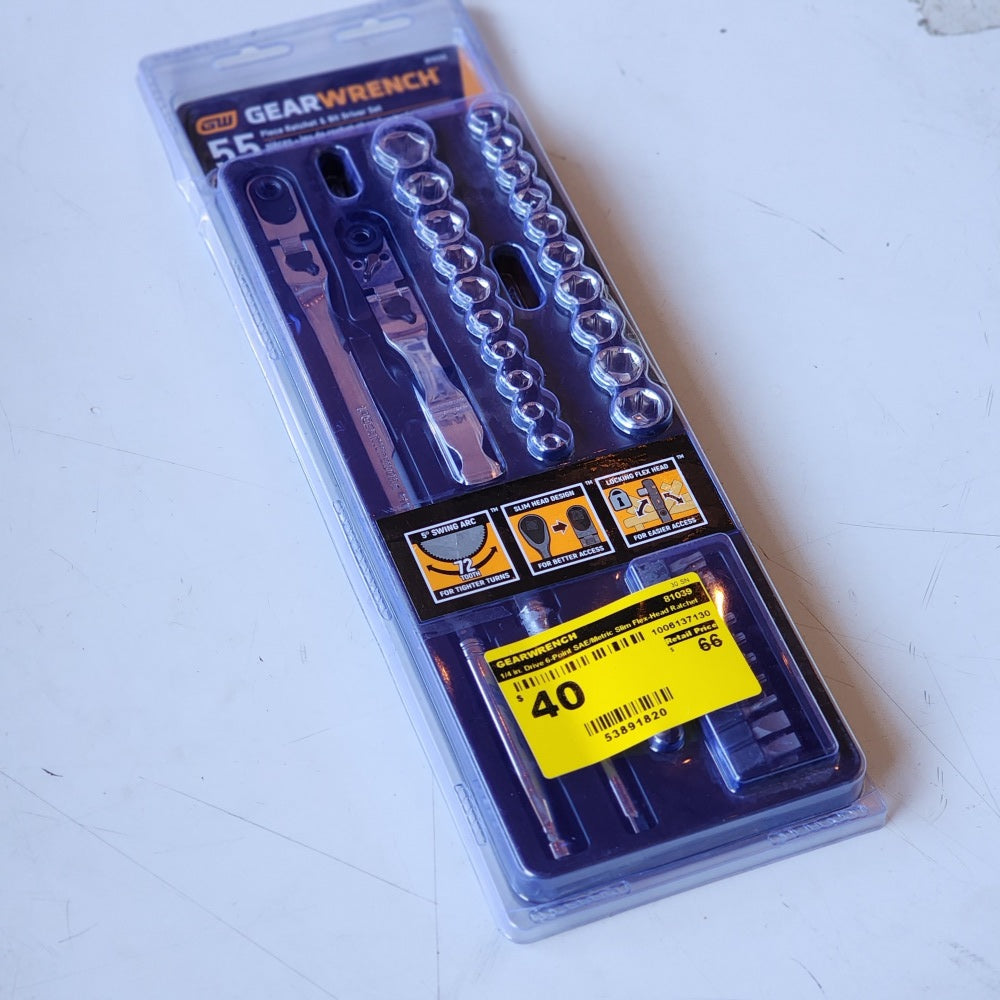 1/4 in. Drive 6-Point SAE/Metric Slim Flex-Head Ratchet and Socket Mechanics Tool Set (55-Piece) (81039) 1/4 in. Drive 6-Point SAE/Metric Slim Flex-Head Ratchet and Socket Mechanics Tool Set (55-Piece) (81039)